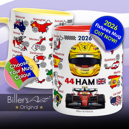 Formula 1-themed mugs with racing helmet, car, and world map design for Lewis Hamilton.