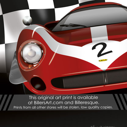 Lola T70 - Le Mans Racing Car poster on a Chequered Flag background
