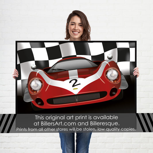 Lola T70 - Le Mans Racing Car poster on a Chequered Flag background