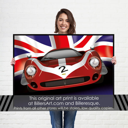 Lola T70 - Le Mans Racing Car poster on a Union Flag background