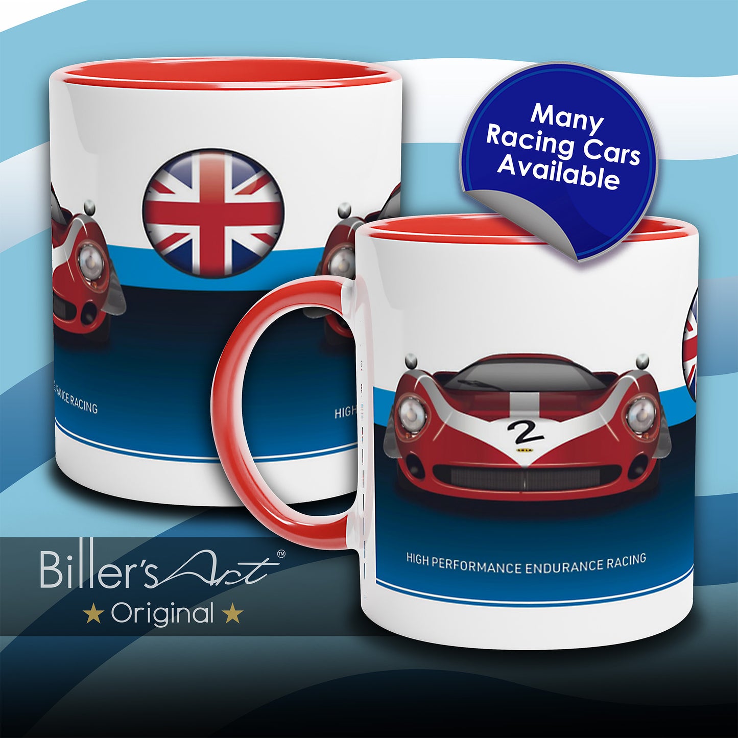 Lola T70 Mug - Endurance Racing Car Mug on a Union Flag background