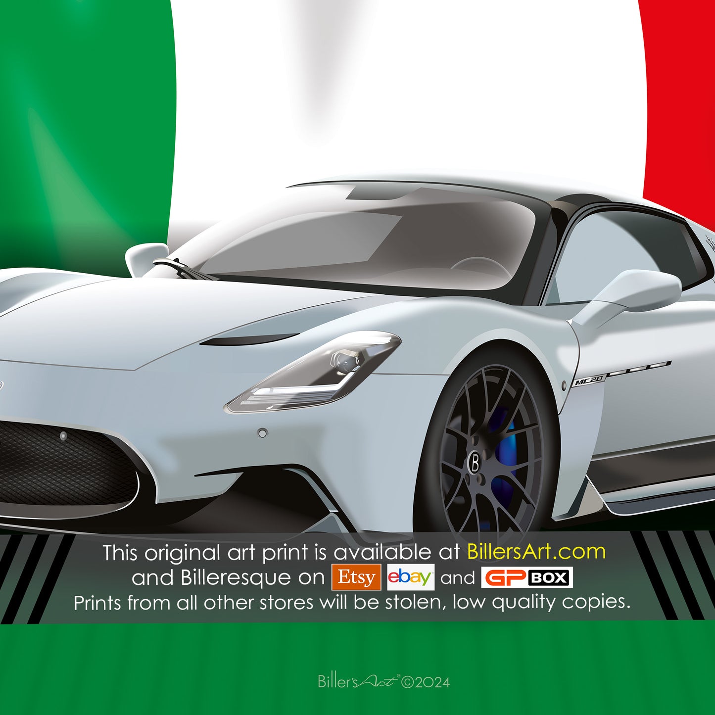 Maserati MC20 Supercar High Quality Print Illustration with the Italian Flag