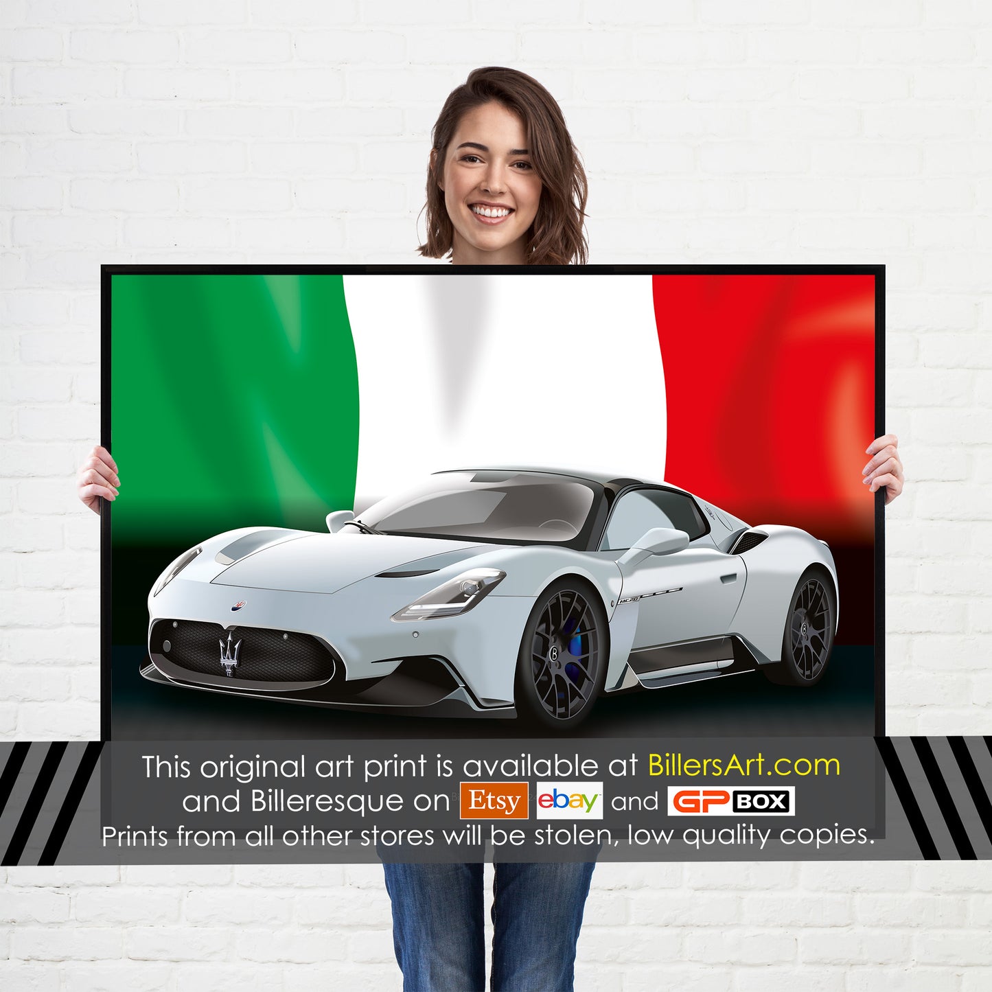 Maserati MC20 Supercar High Quality Print Illustration with the Italian Flag