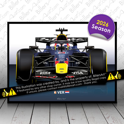 Max Verstappen Formula 1 Red Bull 2026 Racing Car Print in Blue