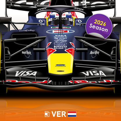 Max Verstappen Formula 1 Red Bull 2026 Racing Car Print in Orange