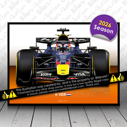 Max Verstappen Formula 1 Red Bull 2026 Racing Car Print in Orange