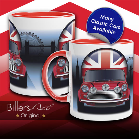 Mini Cooper S Classic Car High Quality Colourful Illustration Mug on a London Background