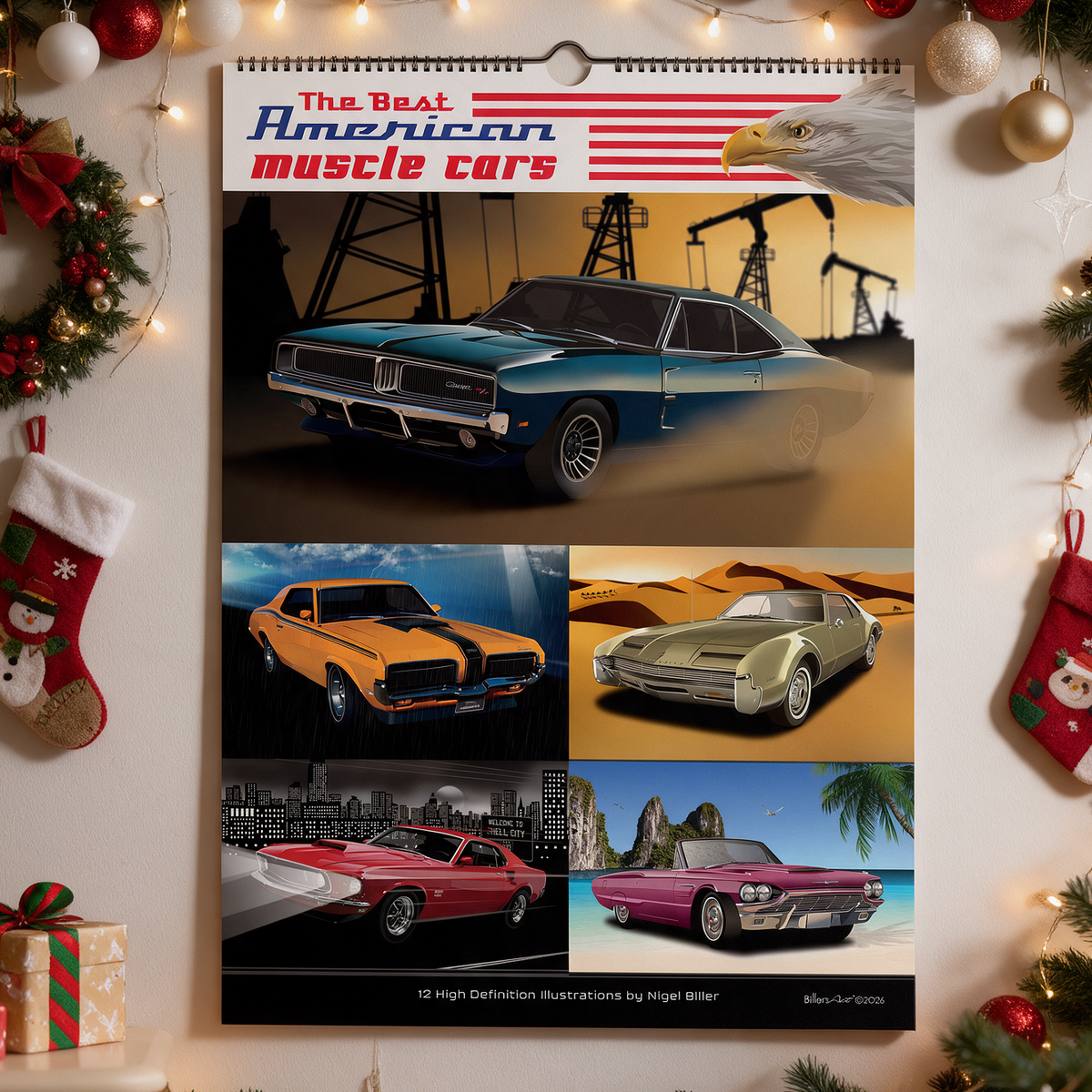 2027 US Muscle Car Quality Christmas Calendar on Scenic Backgrounds