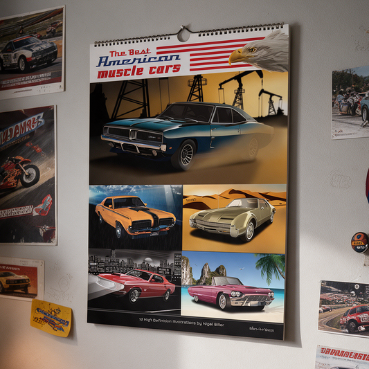 2027 US Muscle Car Quality Calendar on Scenic Backgrounds