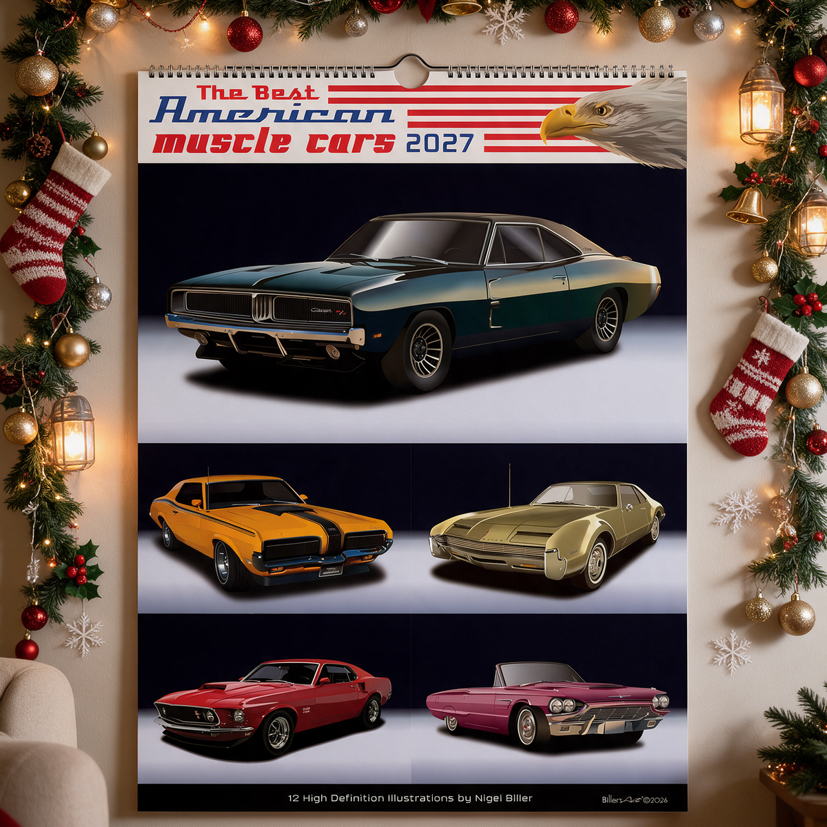 2027 US Christmas Muscle Car Wall calendar on Studio Backgrounds USA