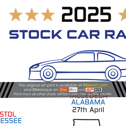 NASCAR 2025 Detailed Season Fixtures Landscape Wall Calendar with US States and State Flags print