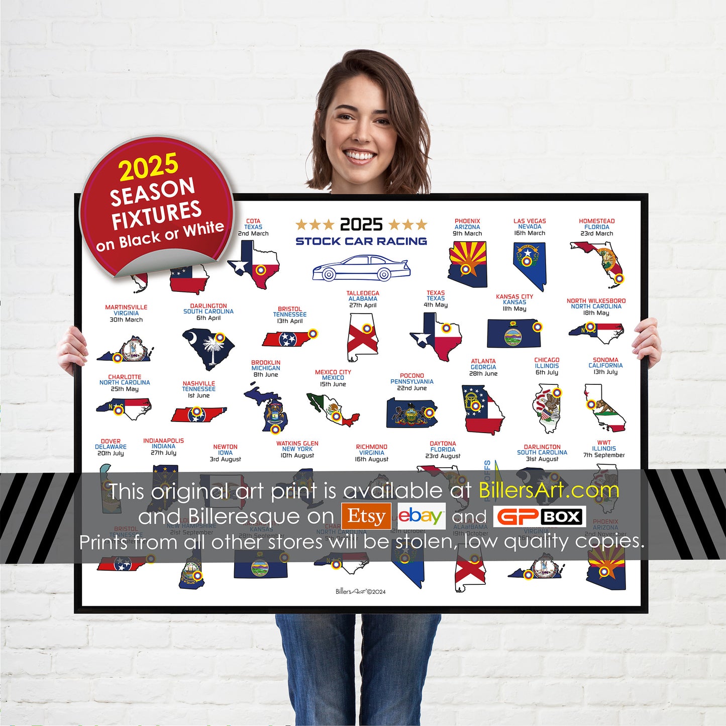 NASCAR 2025 Detailed Season Fixtures Landscape Wall Calendar with US States and State Flags print