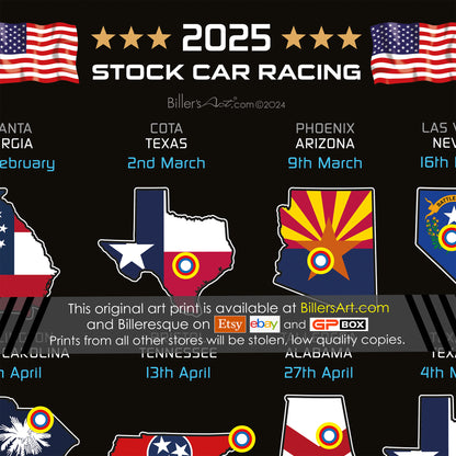 NASCAR 2025 Detailed Season Fixtures Portrait Wall Calendar with US States and State Flags print