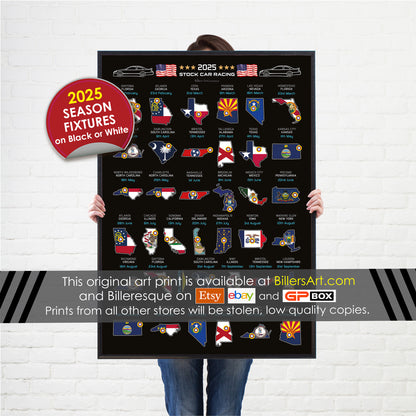 NASCAR 2025 Detailed Season Fixtures Portrait Wall Calendar with US States and State Flags print