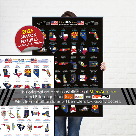 NASCAR 2025 Detailed Season Fixtures Portrait Wall Calendar with US States and State Flags print