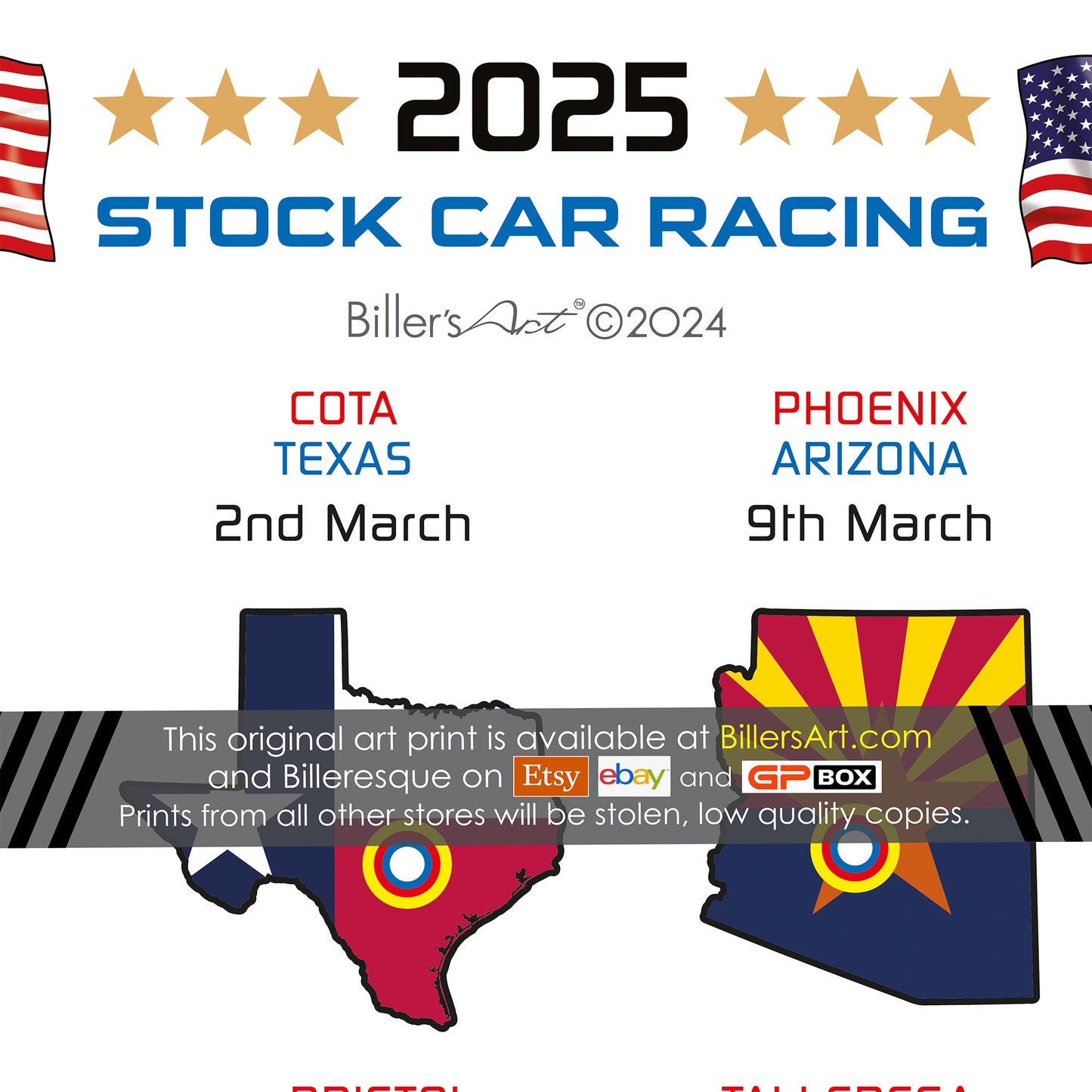 NASCAR 2025 Detailed Season Fixtures Portrait Wall Calendar with US States and State Flags print