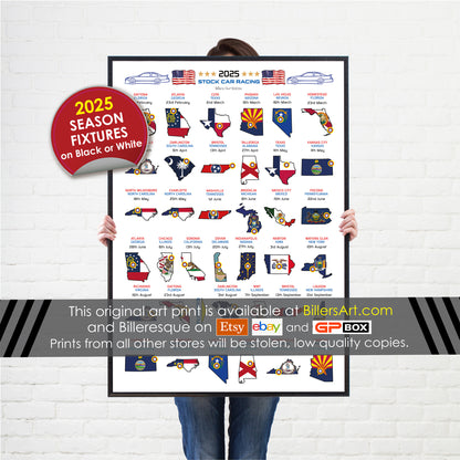 NASCAR 2025 Detailed Season Fixtures Portrait Wall Calendar with US States and State Flags print