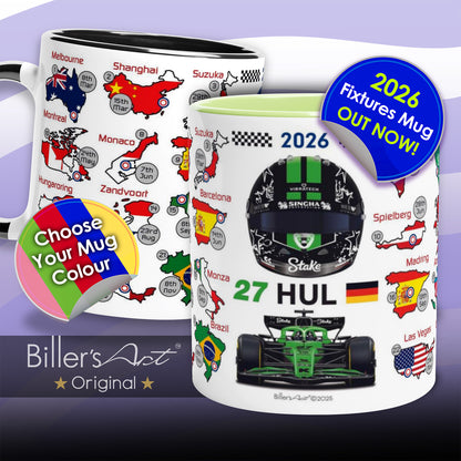 Two mugs with racing theme designs and promotional text on a purple background
