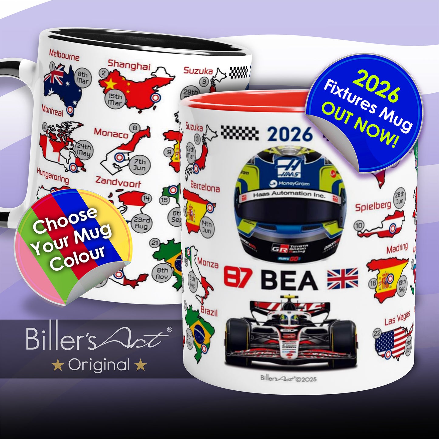 Mugs with racing theme designs on a purple background, featuring a helmet and race car.