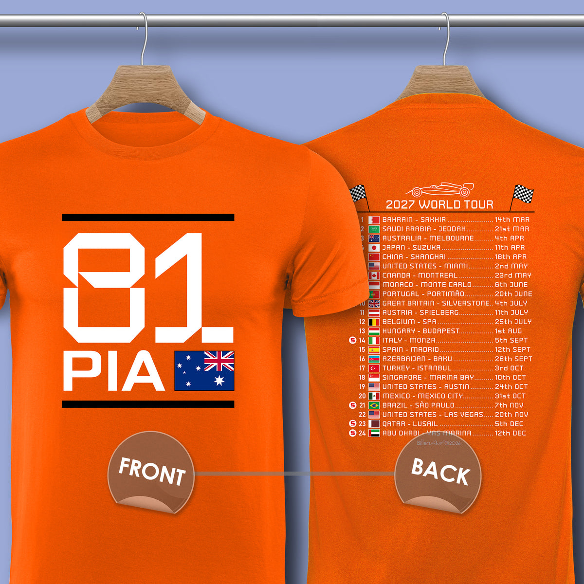 2027 Formula 1 Oscar Piastri Race Calendar T-Shirt