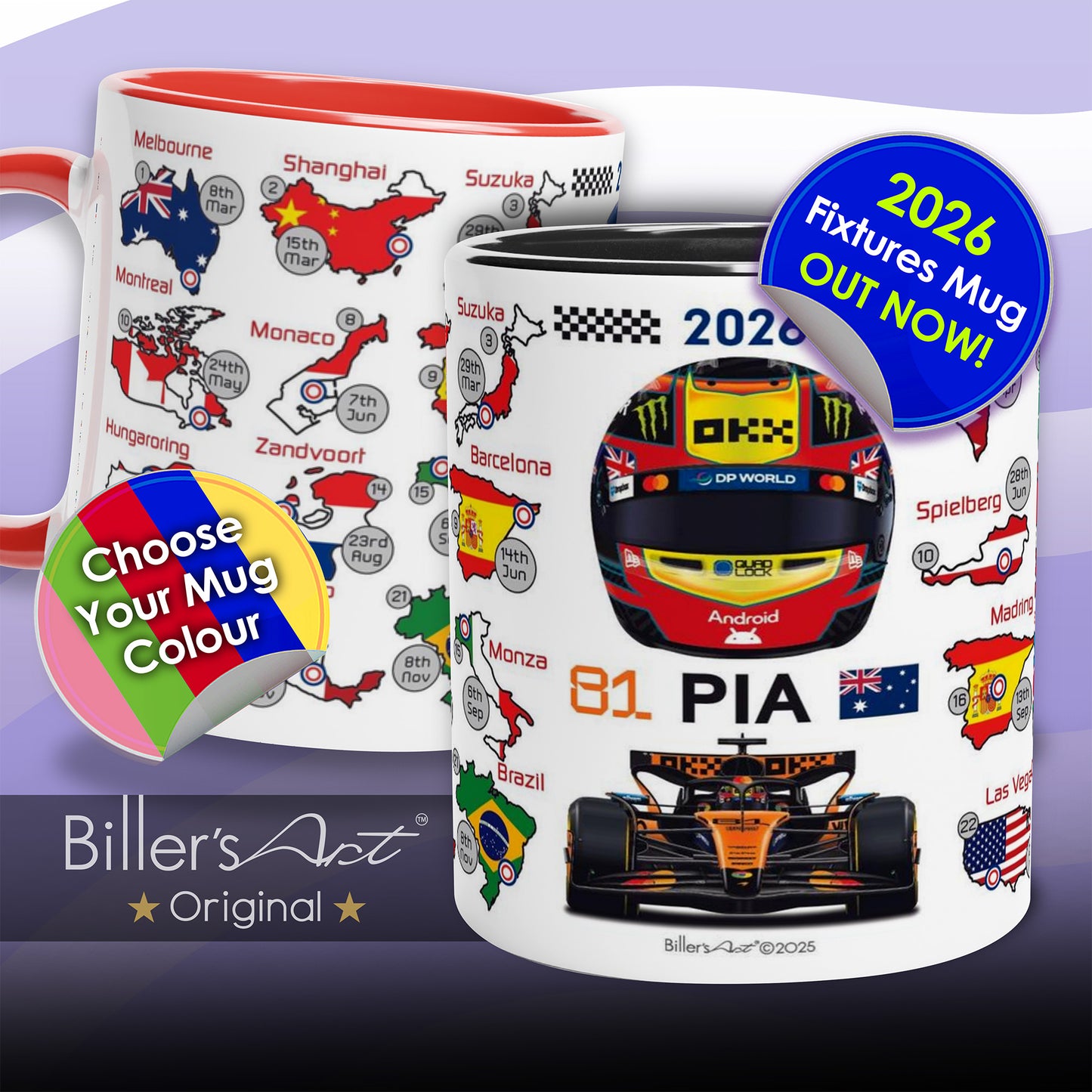 Mugs with racing theme designs and formula 1 2026 fixtures.