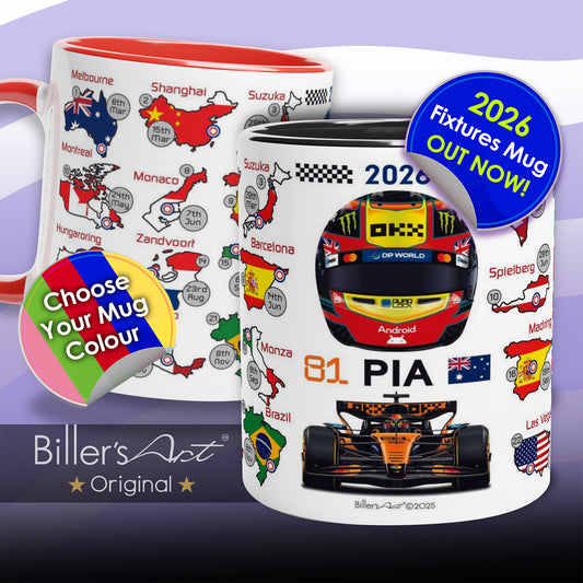 Mugs with racing theme designs and formula 1 2026 fixtures.