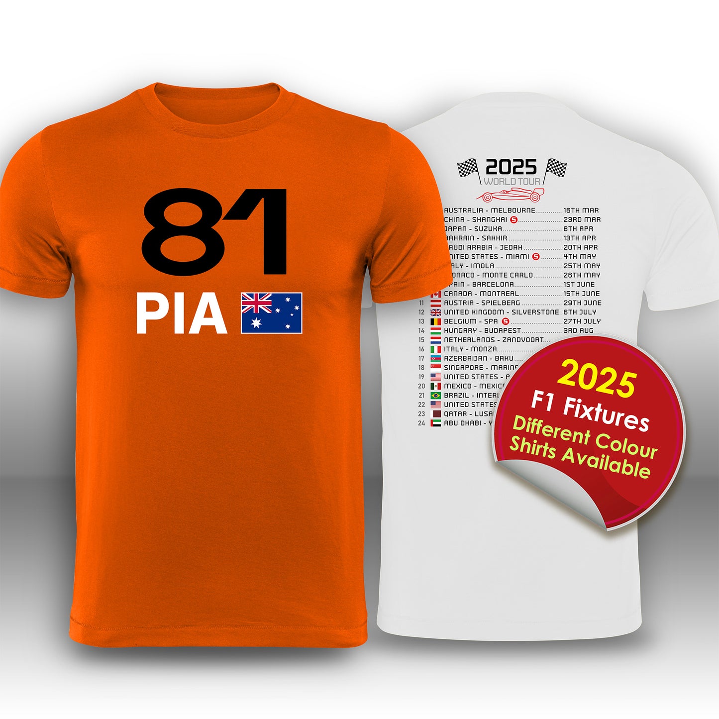 Oscar Piastri 2025 Race Calendar Formula 1 F1 T-Shirt