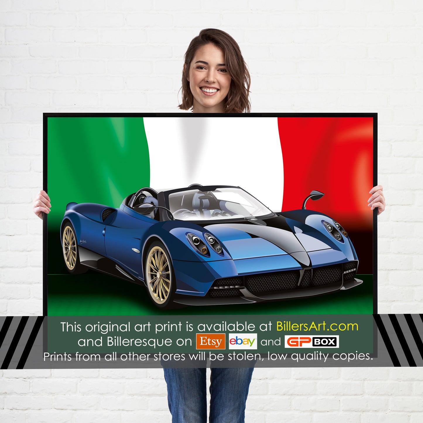 Pagani Huayra Supercar High Quality Print Illustration with the Italian Flag