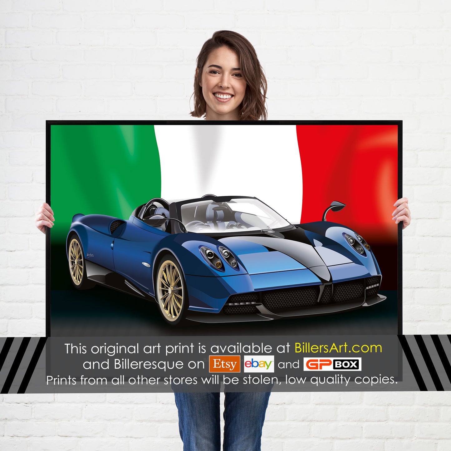 Pagani Huayra Supercar High Quality Print Illustration with the Italian Flag