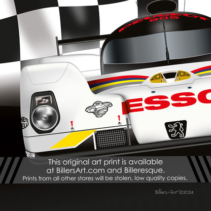 Peugeot EVO - Le Mans Racing Car poster on a Chequered Flag background