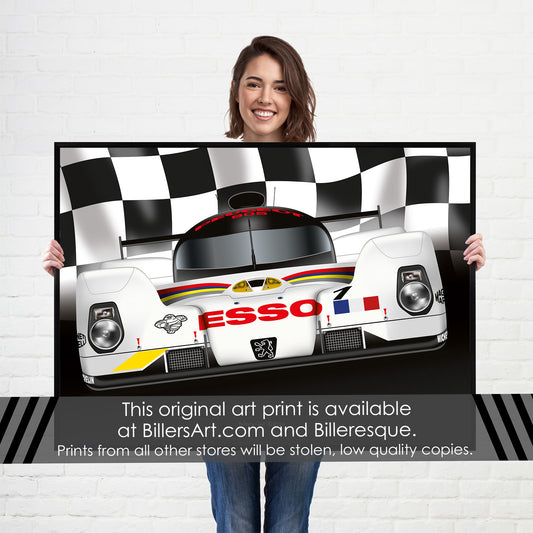 Peugeot EVO - Le Mans Racing Car poster on a Chequered Flag background