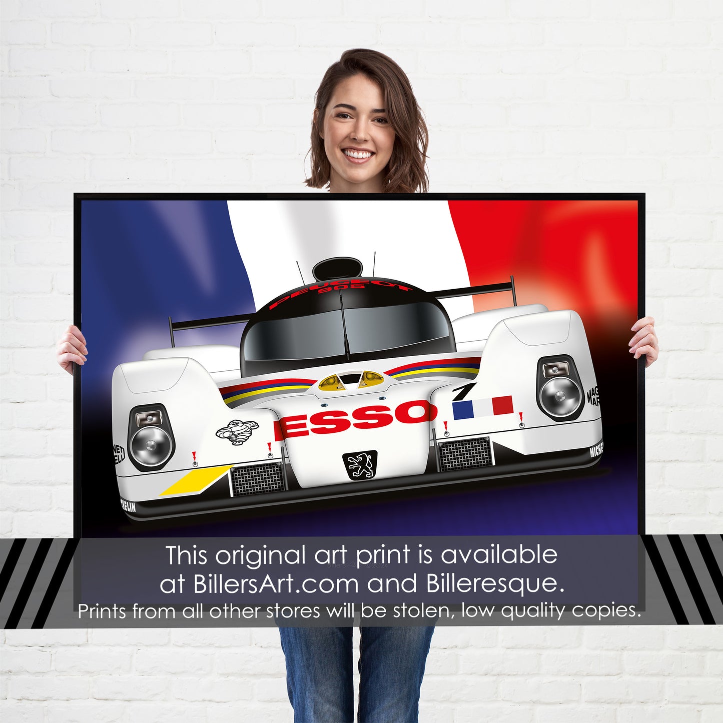 Peugeot EVO - Le Mans Racing Car poster on a French Flag background