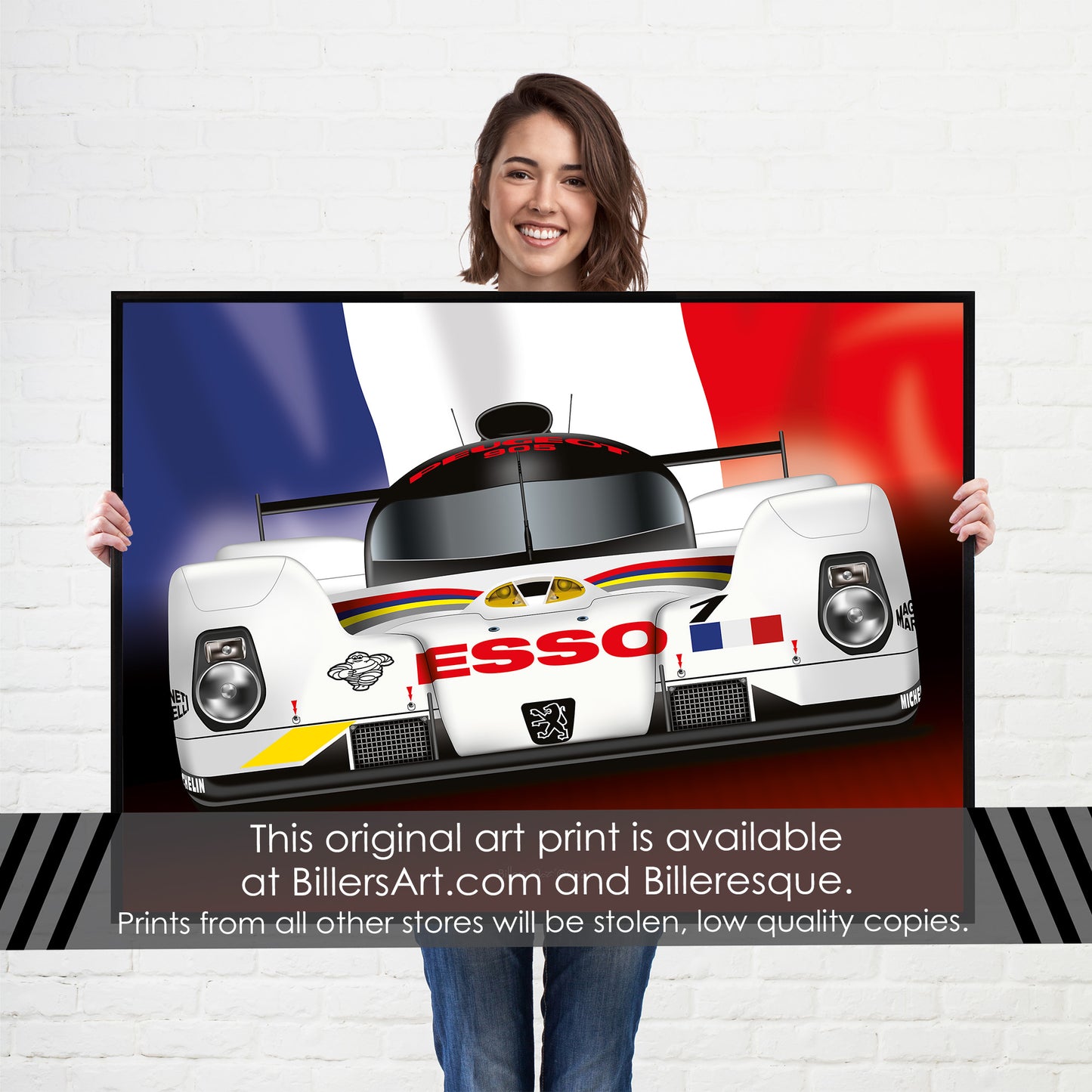 Peugeot EVO - Le Mans Racing Car poster on a French Flag background