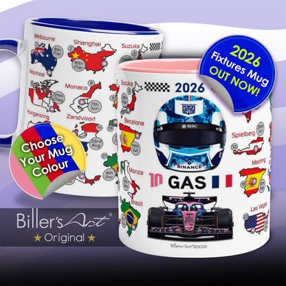 Mugs with racing theme designs featuring 'Biller's Art' branding.