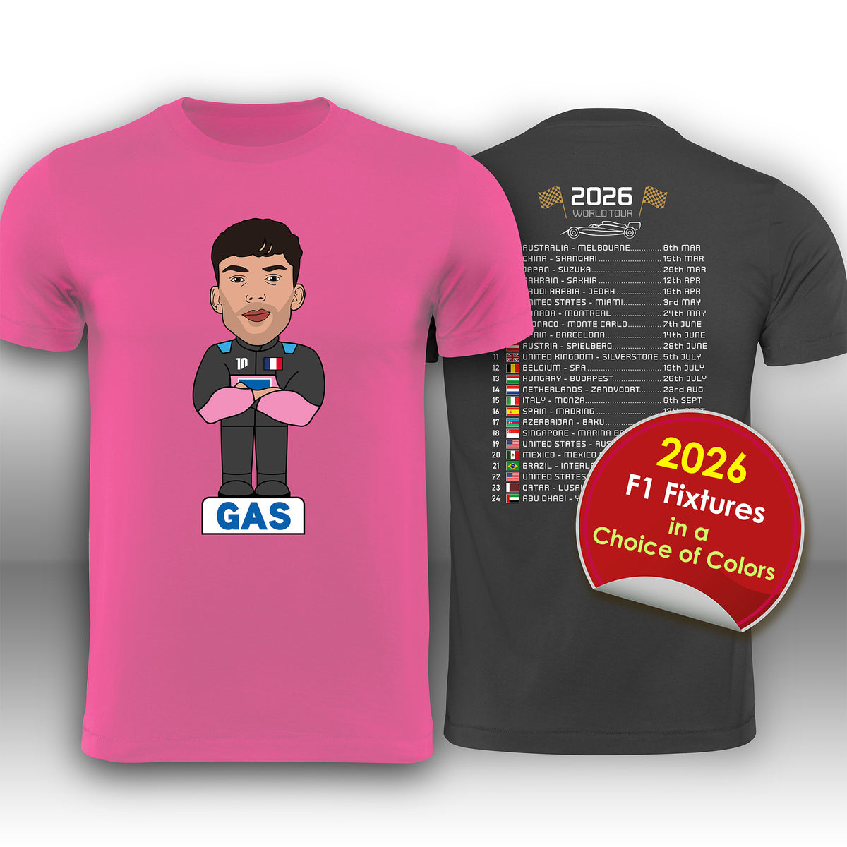 Pierre Gasly 2026 Cartoon Calendar Formula 1 F1 T-Shirt