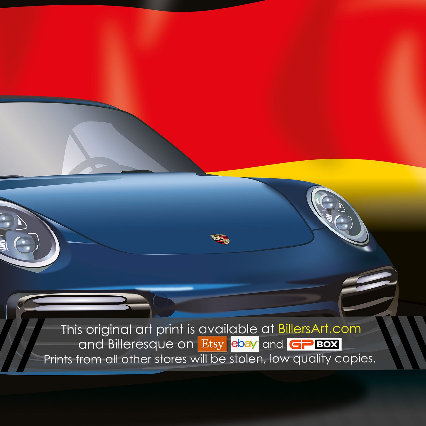 Porsche 911 Supercar High Quality Print Illustration with the German Flag