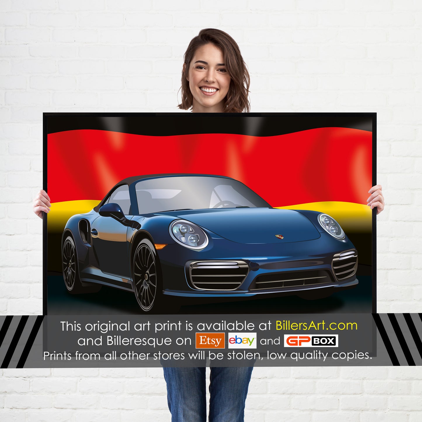 Porsche 911 Supercar High Quality Print Illustration with the German Flag