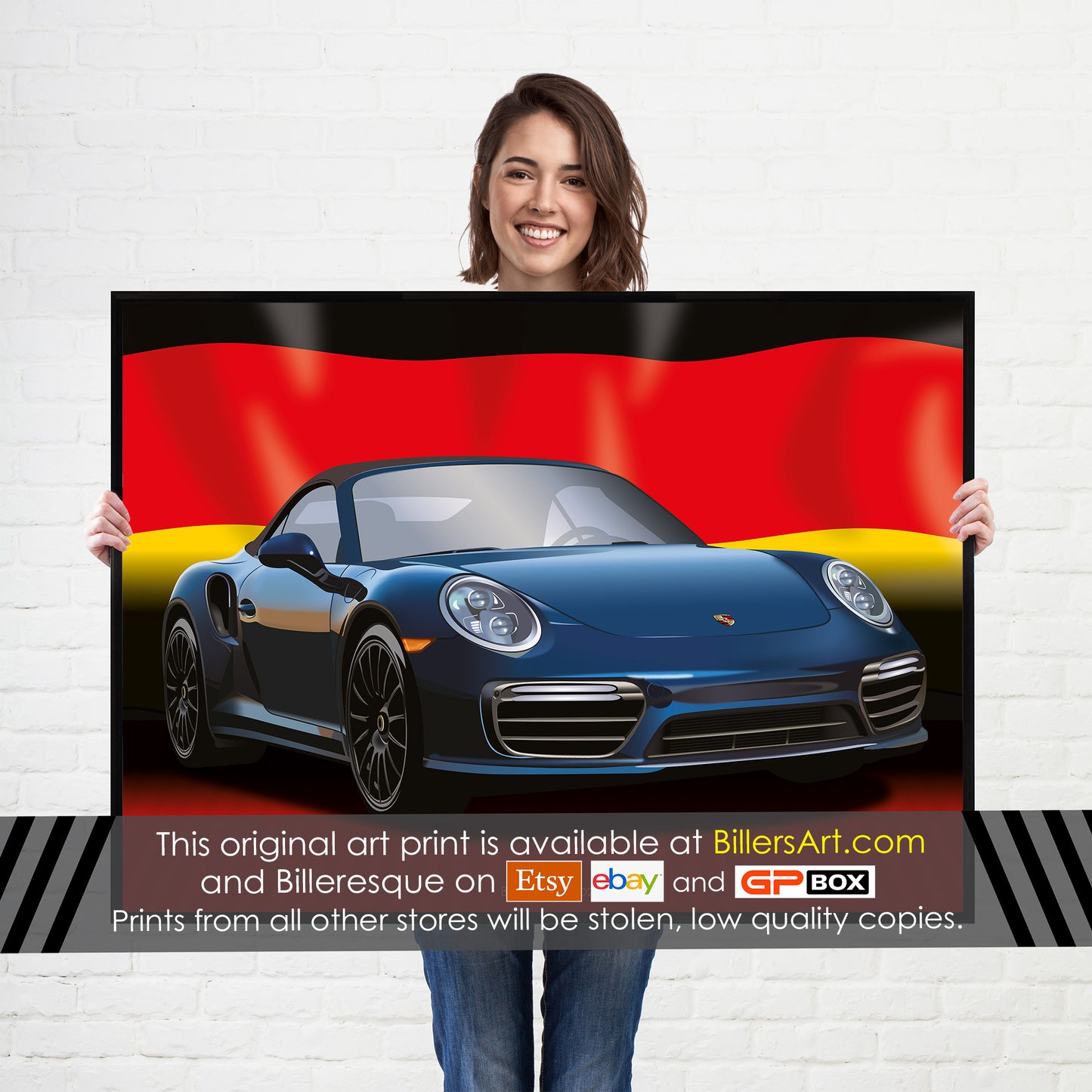 Porsche 911 Supercar High Quality Print Illustration with the German Flag