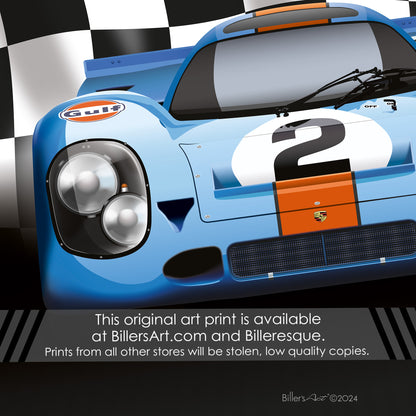 Porsche 917 Poster - Le Mans Racing Car poster on a Chequered Flag background