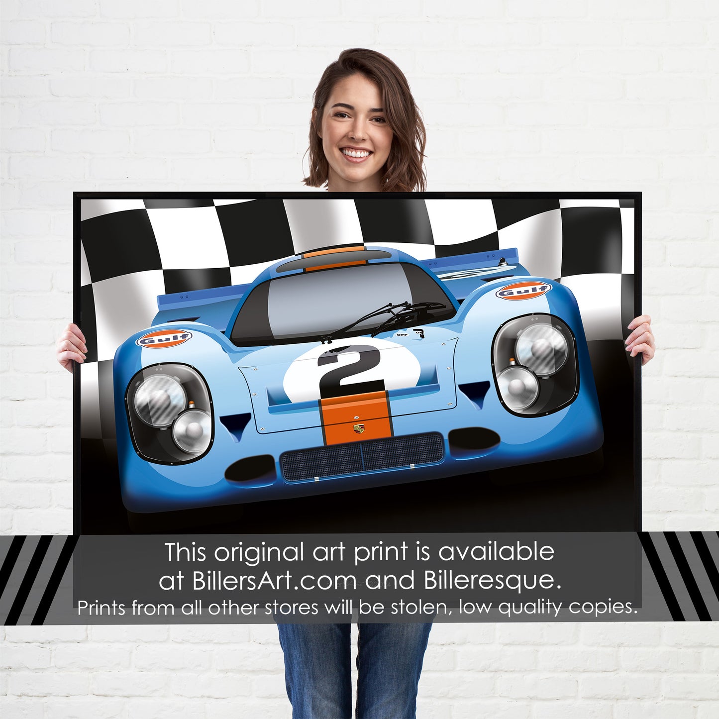 Porsche 917 Poster - Le Mans Racing Car poster on a Chequered Flag background