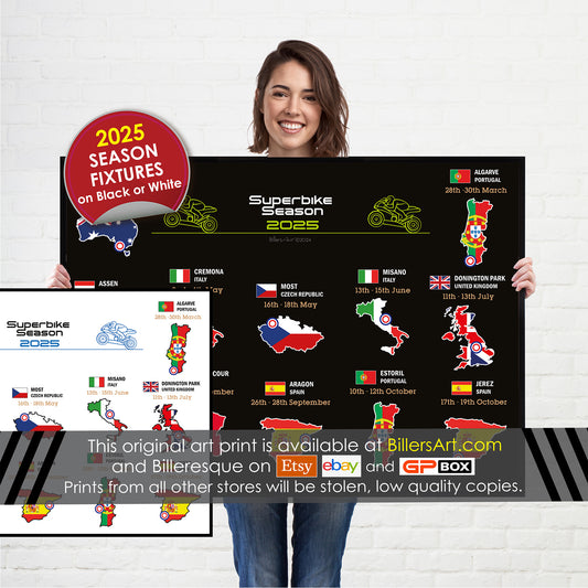 SBK Superbike 2025 Detailed Season Fixtures Landscape Wall Calendar with Countries and Flags print