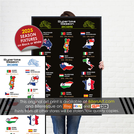 SBK Superbike 2025 Detailed Season Fixtures Portrait Wall Calendar with Countries and Flags print