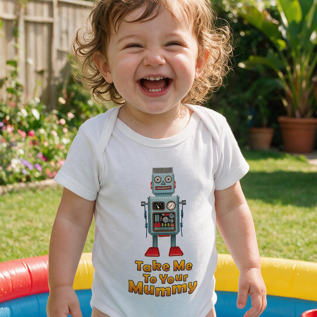 Take Me To Your Mummy Fun Robot Baby Onesie (UK Spelling)