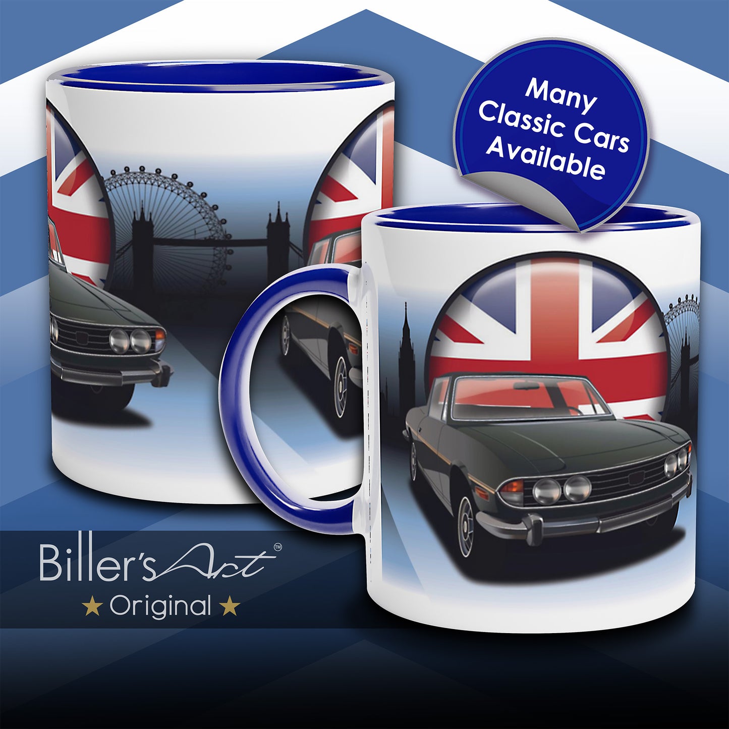 Triumph Stag Classic Car High Quality Colourful Illustration Mug on a London Background