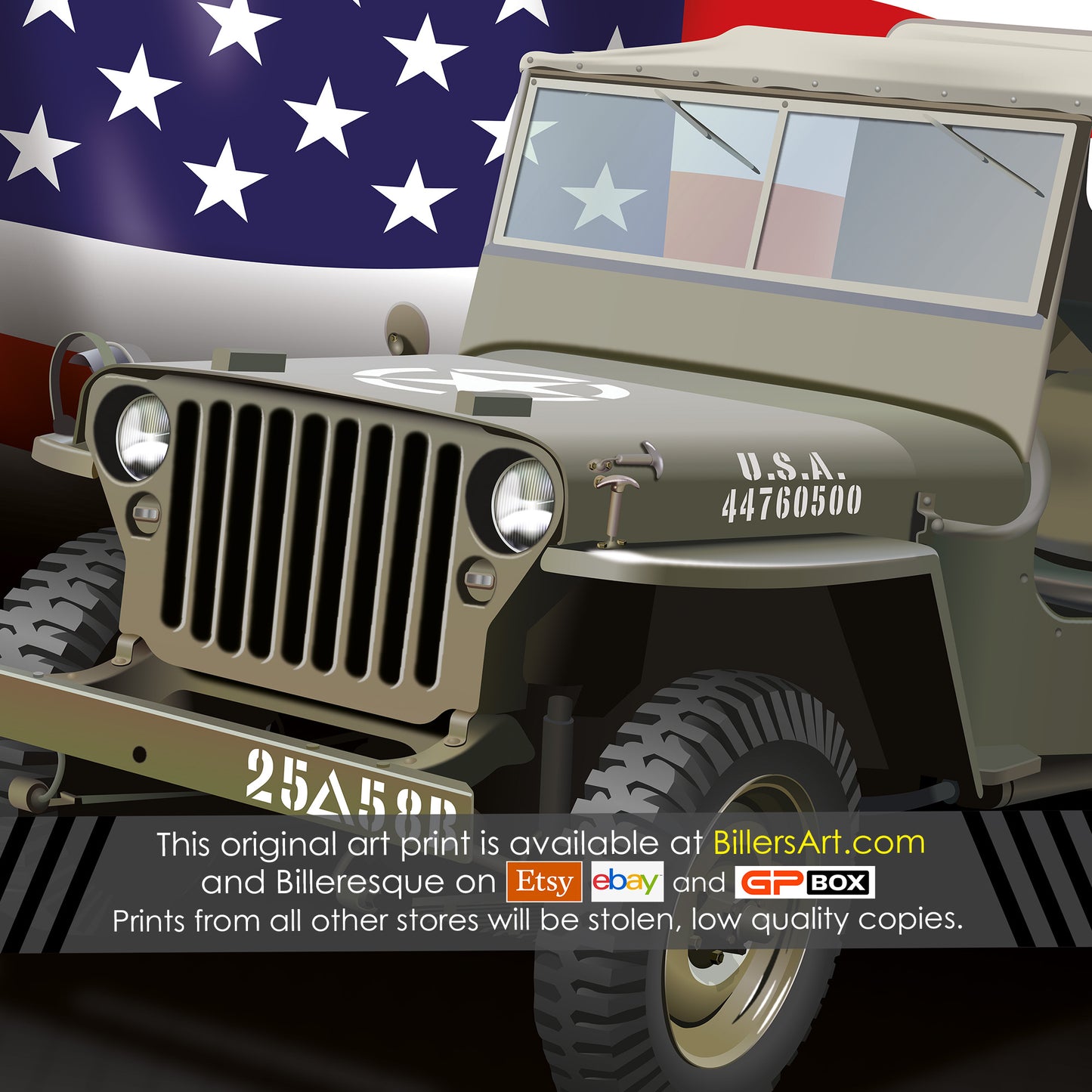 Willys Jeep 1943 US Army 4x4 High Quality Colourful Illustration Poster