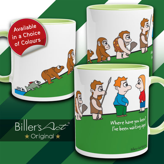 Fun Colourful Evolution Cartoon Mug "Where have you been? I've been waiting ages!"