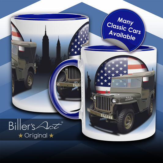 Willys Jeep Classic Car High Quality Colourful Illustration Mug on a New York Background