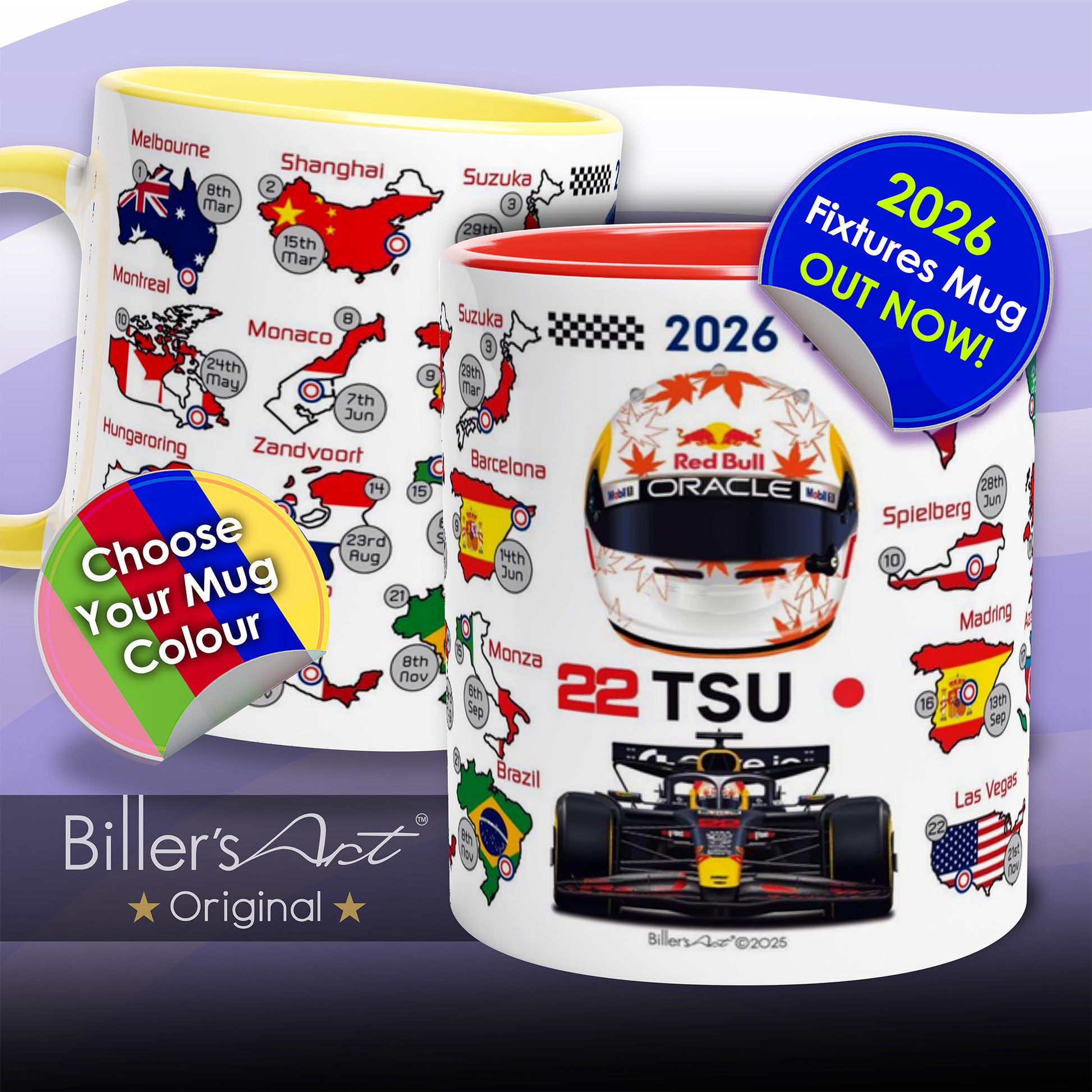 Mugs with racing theme designs featuring 'Biller's Art' branding.