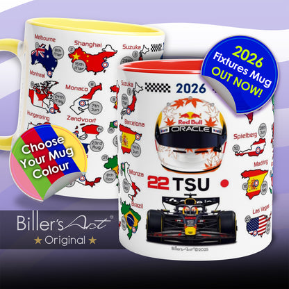 Mugs with racing theme designs featuring 'Biller's Art' branding.