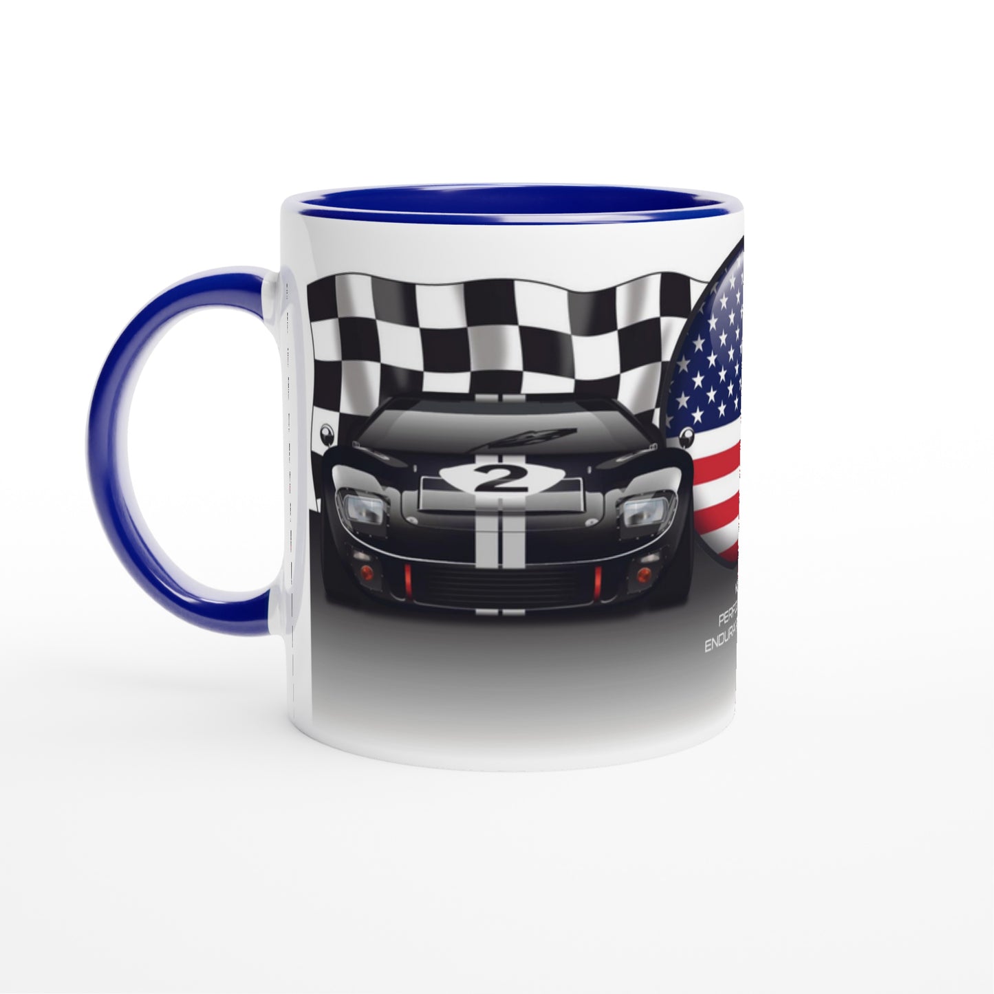 Ford GT40 Mug - Endurance Racing Car Mug on a US Flag background